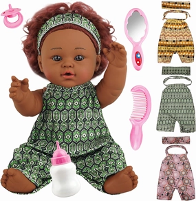 SMILESSKIDDO Black Baby Doll - 12 Inch Realistic Soft Body Dolls with 3 Changeable Clothes & Dolls Accessories, American African Black Girl Doll with Curly Hair for Kids Aged 2 3 4 5 6 