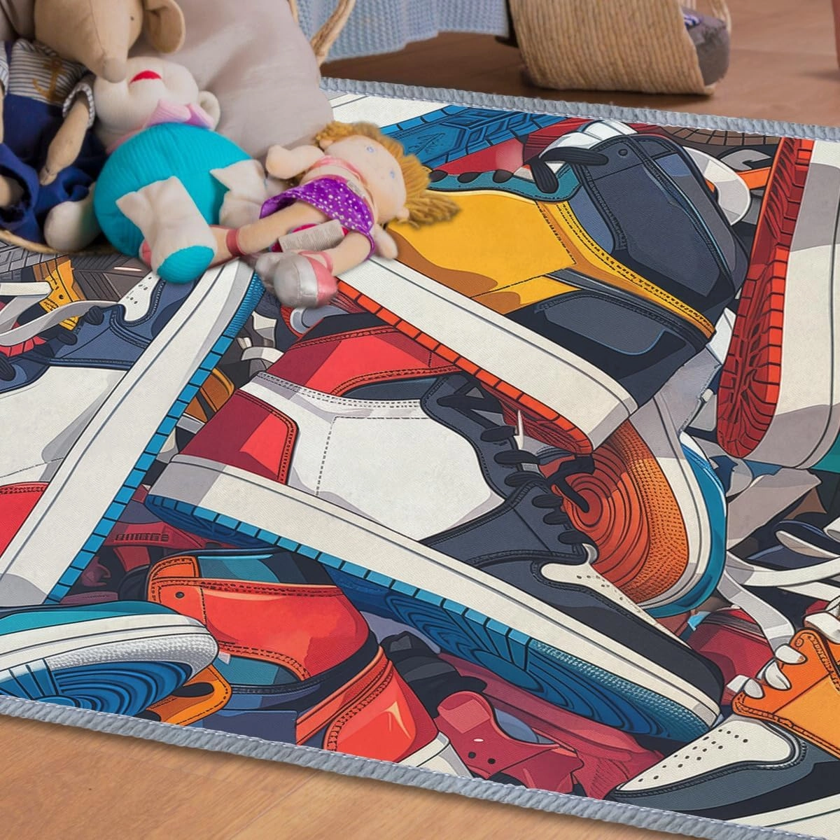 Sneakerl Shoes Area Rug 5x8 Large Basketball Cool Multicolor Sports Funny Living Bedroom Rug, Non-Slip Machine Washable Low-Pile Dining Room Mat Indoor Accent Carpet for Nursery Playroom Office Home