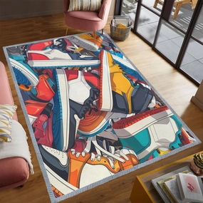 Sneakerl Shoes Area Rug 5x8 Large Basketball Cool Multicolor Sports Funny Living Bedroom Rug, Non-Slip Machine Washable Low-Pile Dining Room Mat Indoor Accent Carpet for Nursery Playroom Office Home