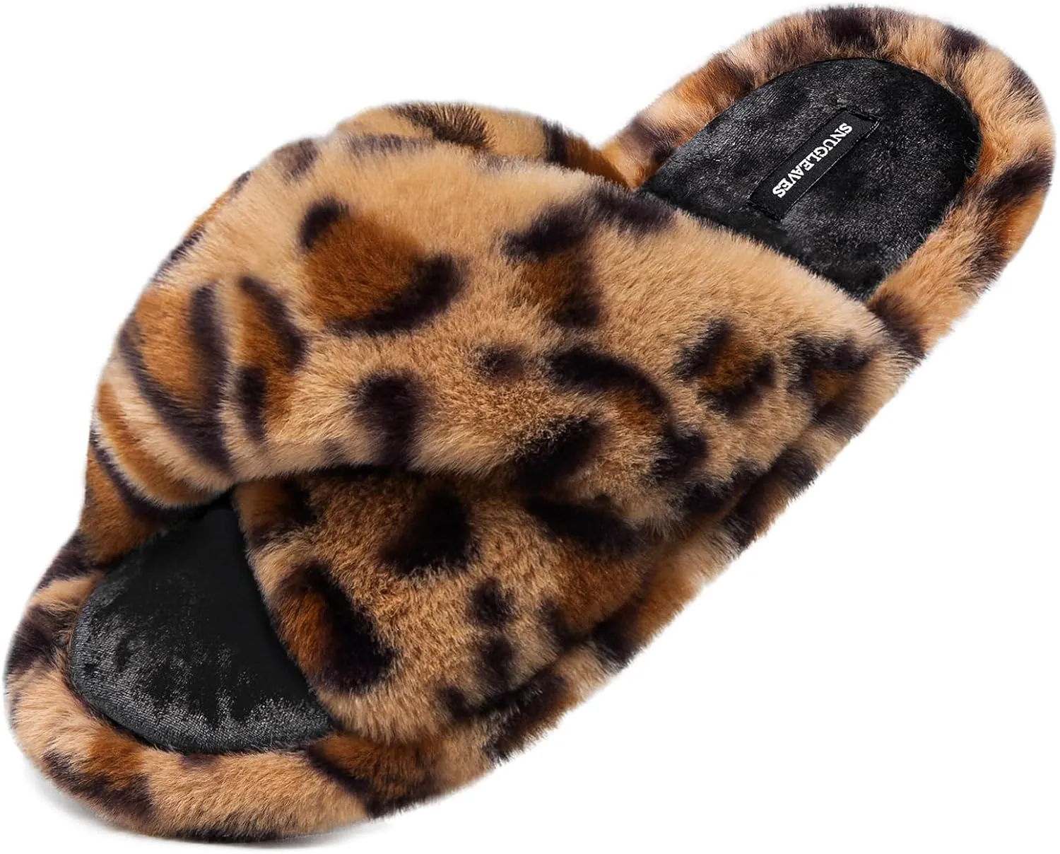 Snug Leaves Women's Fluffy Cross Band Open Toe Slippers with Indoor Outdoor Non Slip Sole