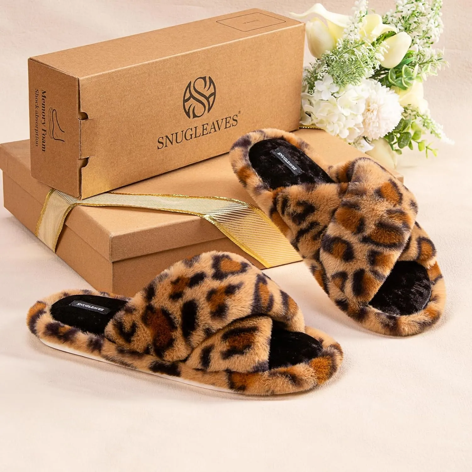 Snug Leaves Women's Fluffy Cross Band Open Toe Slippers with Indoor Outdoor Non Slip Sole