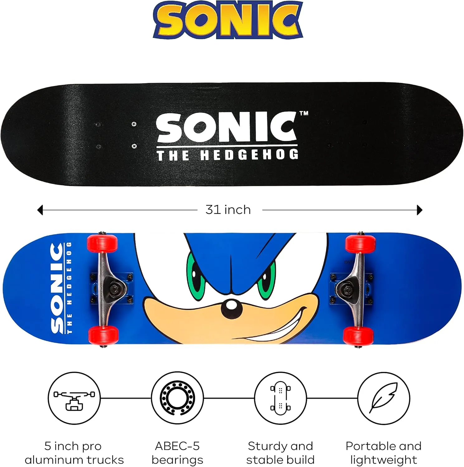 Sonic Character Skateboards - Cruiser Skateboard with ABEC 5 Bearings, Durable Deck, Smooth Wheels (Choose from Sonic, Knuckles, Tails or Sonic & Friends)