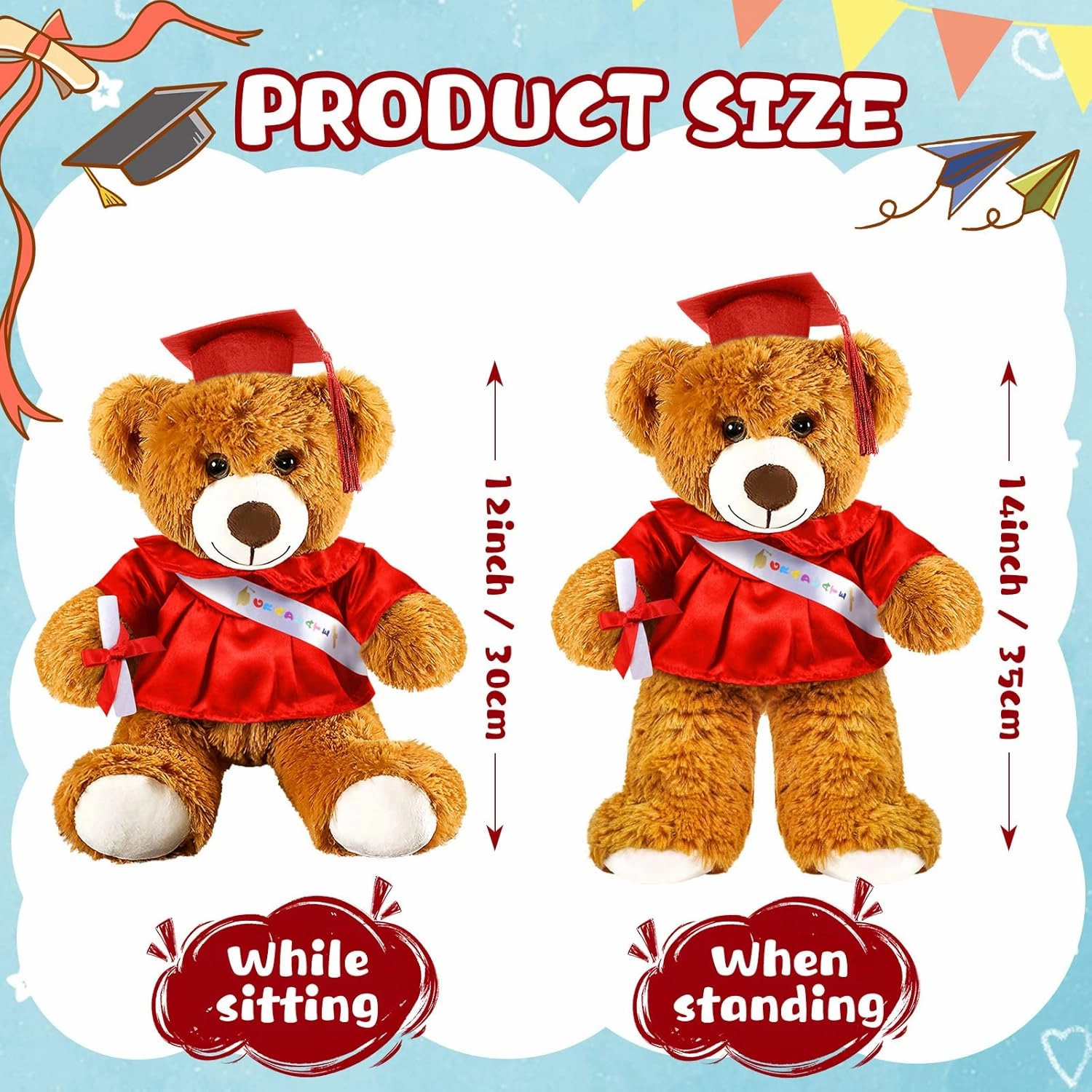 Sotiff 2 Pcs Graduation Bear Plush Stuffed Toy Bear Graduation Gifts Doll Stuffed with Grad Cap for Preschool Kindergarten College Gift(14 Inch,Brown, Red)