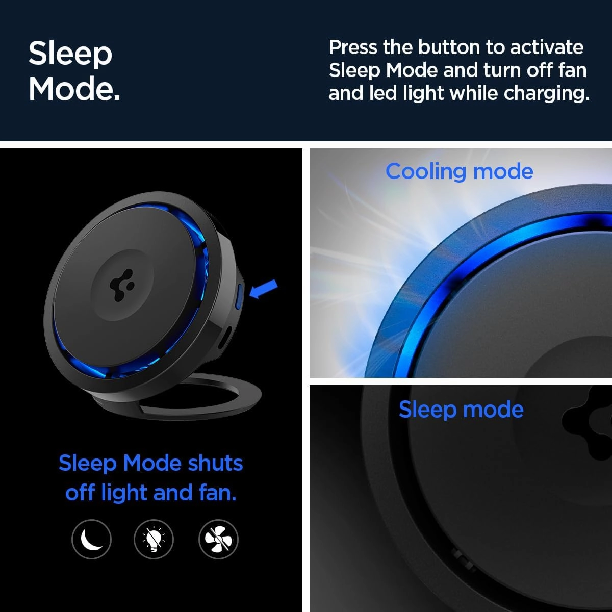 Spigen OneTap Pro 3 Cryomax (MagFit) Qi2 15W Wireless Charger MagSafe Sleep Friendly Light and Cooling Fan for iPhone 16/15/14/13/12 - Black (Kickstand)