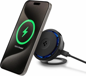 Spigen OneTap Pro 3 Cryomax (MagFit) Qi2 15W Wireless Charger MagSafe Sleep Friendly Light and Cooling Fan for iPhone 16/15/14/13/12 - Black (Kickstand)