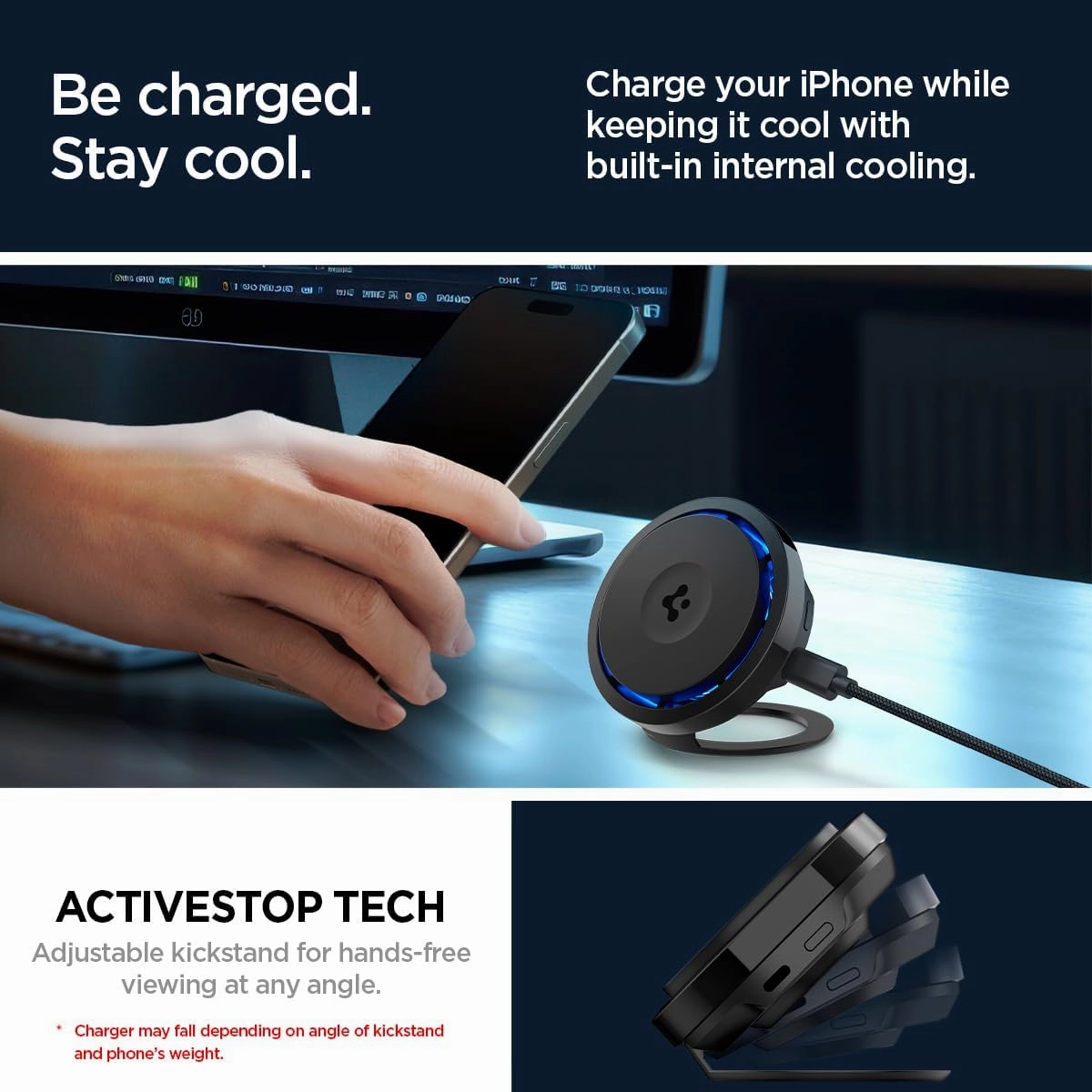 Spigen OneTap Pro 3 Cryomax (MagFit) Qi2 15W Wireless Charger MagSafe Sleep Friendly Light and Cooling Fan for iPhone 16/15/14/13/12 - Black (Kickstand)