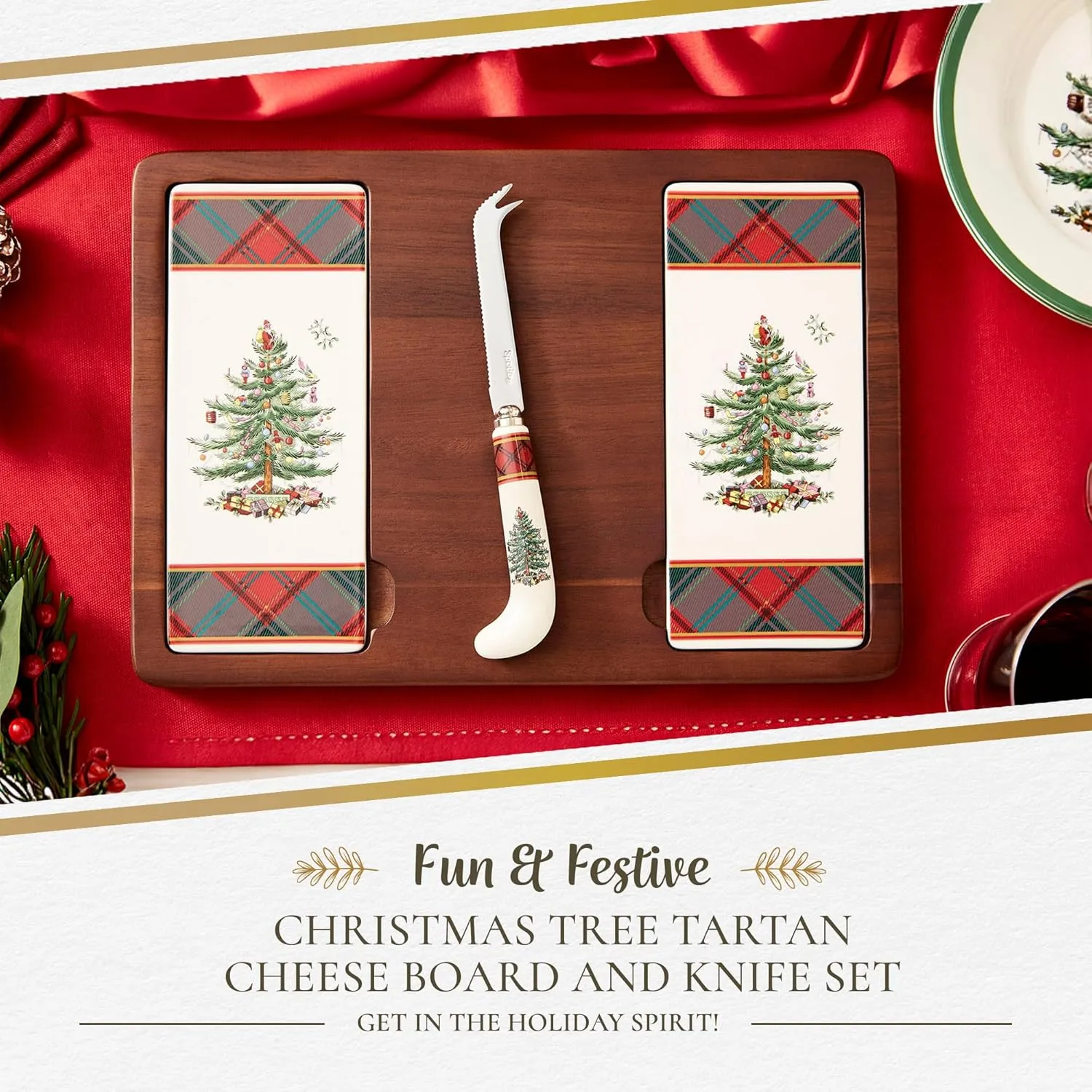 Spode Christmas Tree Cheese Board & Knife Set, Tartan Plaid - Holiday Entertaining, Charcuterie and Cracker Tray, Seasonal Serveware - Christmas Table Setting and Cheese Presentation