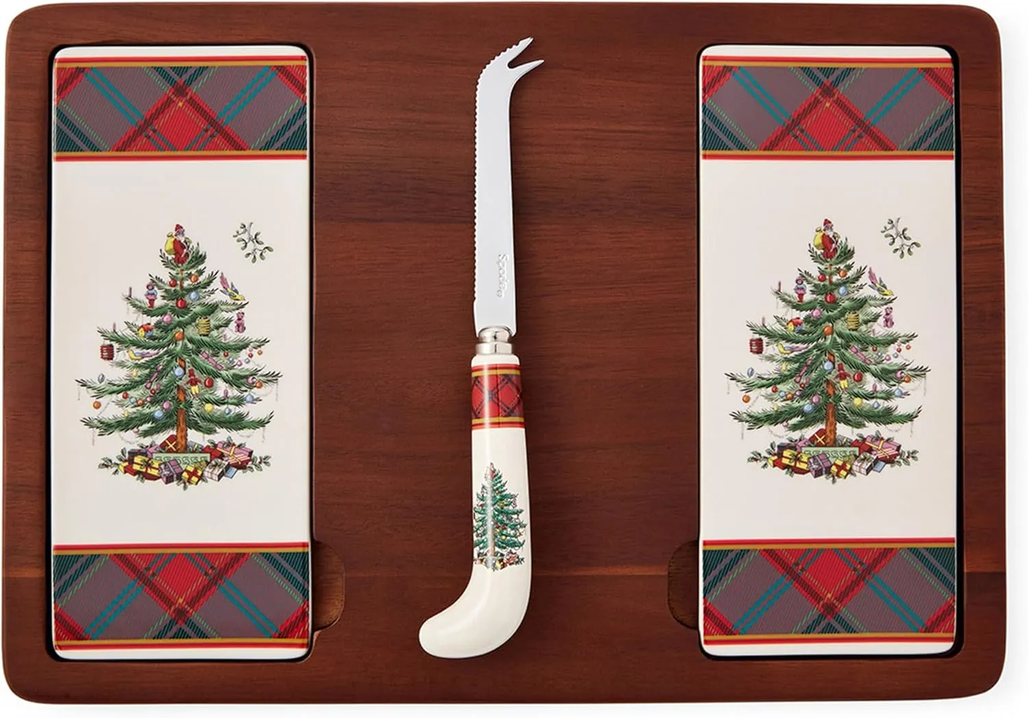 Spode Christmas Tree Cheese Board & Knife Set, Tartan Plaid - Holiday Entertaining, Charcuterie and Cracker Tray, Seasonal Serveware - Christmas Table Setting and Cheese Presentation
