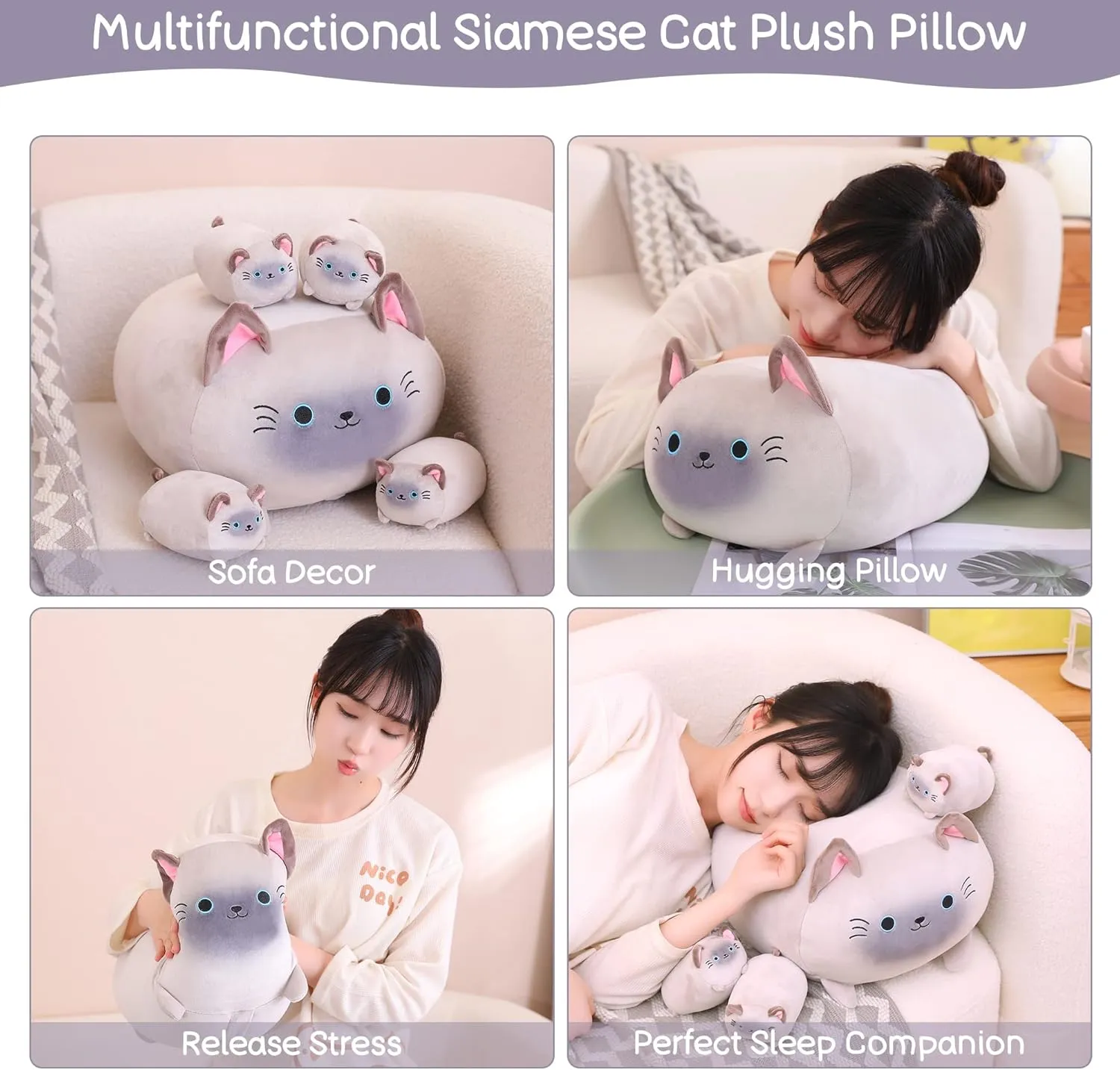 SQEQE Siamese Cat Plush, Cute Stuffed Animals Mommy with 4 Squishy Kitties, Soft Plush Pillow Gifts for Kids