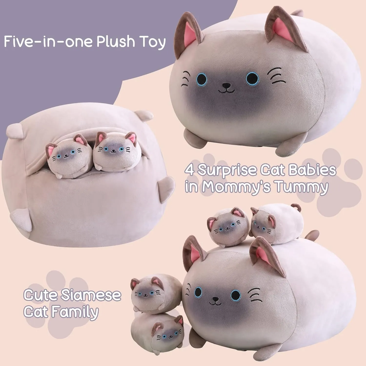 SQEQE Siamese Cat Plush, Cute Stuffed Animals Mommy with 4 Squishy Kitties, Soft Plush Pillow Gifts for Kids