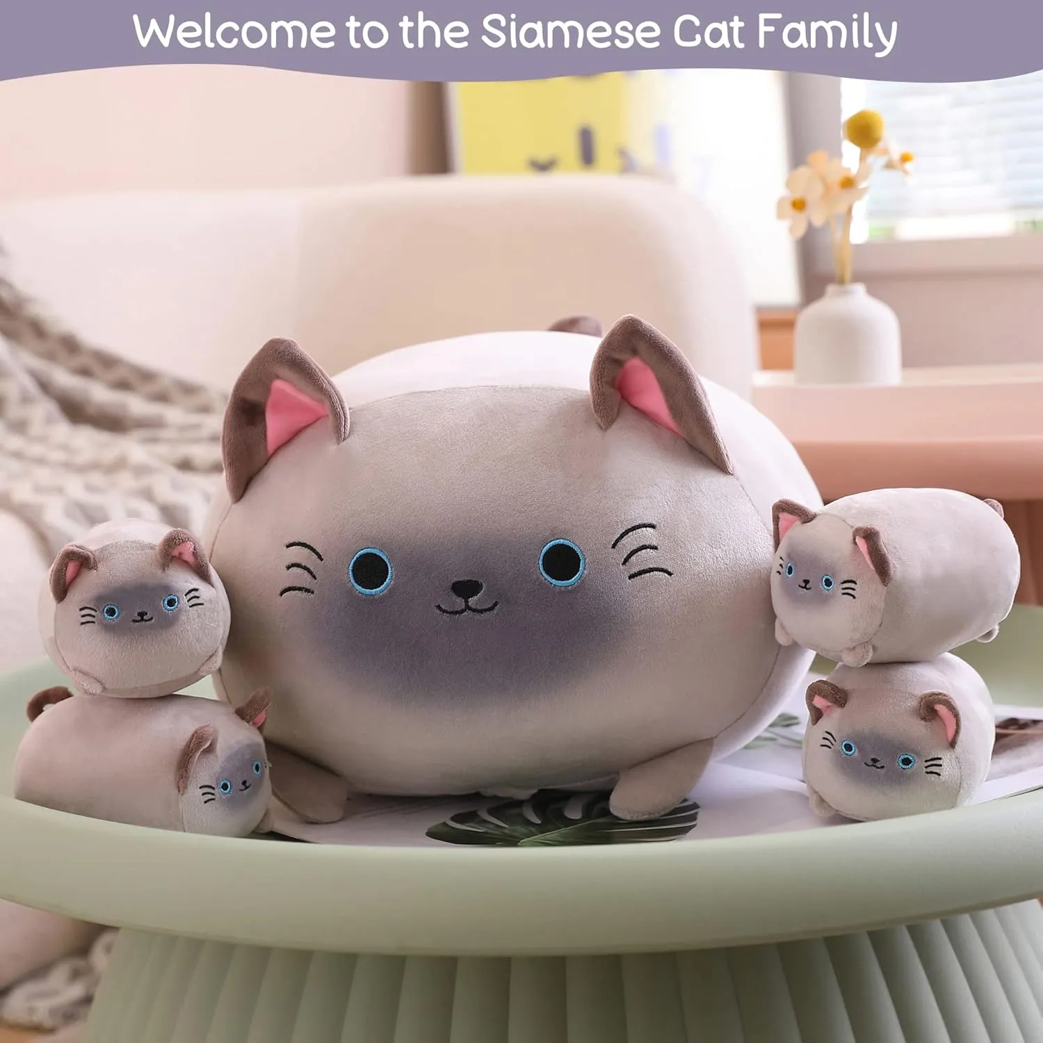 SQEQE Siamese Cat Plush, Cute Stuffed Animals Mommy with 4 Squishy Kitties, Soft Plush Pillow Gifts for Kids