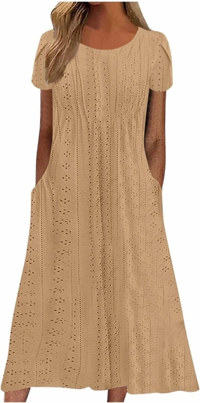 Sundresses for Women 2025 Summer Ruffle Short Sleeve Hollow Out Maxi Dresses Eyelet Embroidery Flowy Dresses