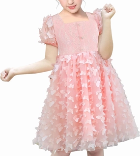 Sunny Fashion Girls Dress 3D Butterfly Pink Lace Top Sweet Square Collar