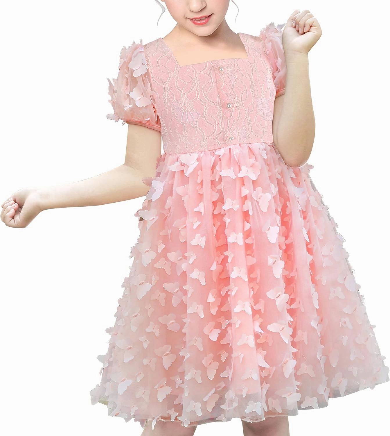 Sunny Fashion Girls Dress 3D Butterfly Pink Lace Top Sweet Square Collar