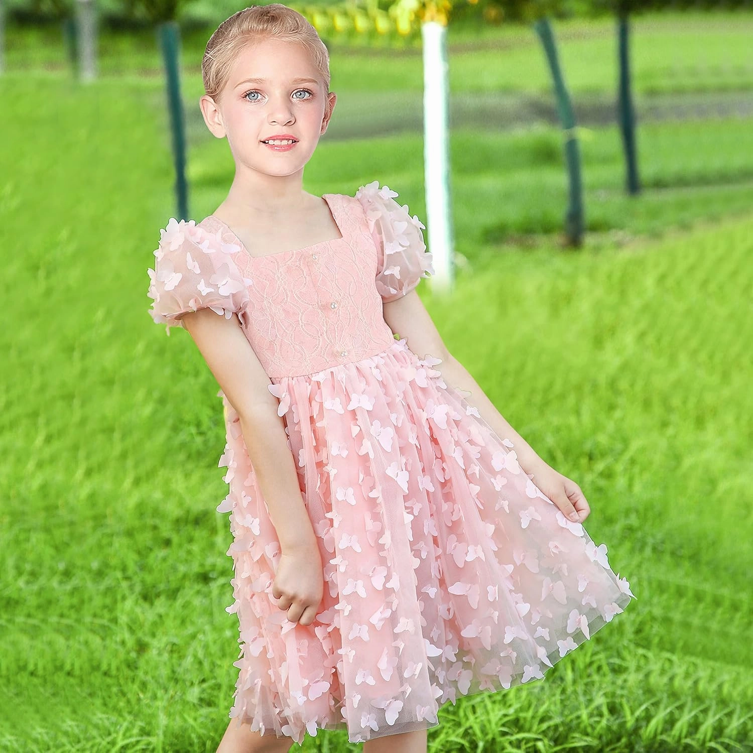 Sunny Fashion Girls Dress 3D Butterfly Pink Lace Top Sweet Square Collar