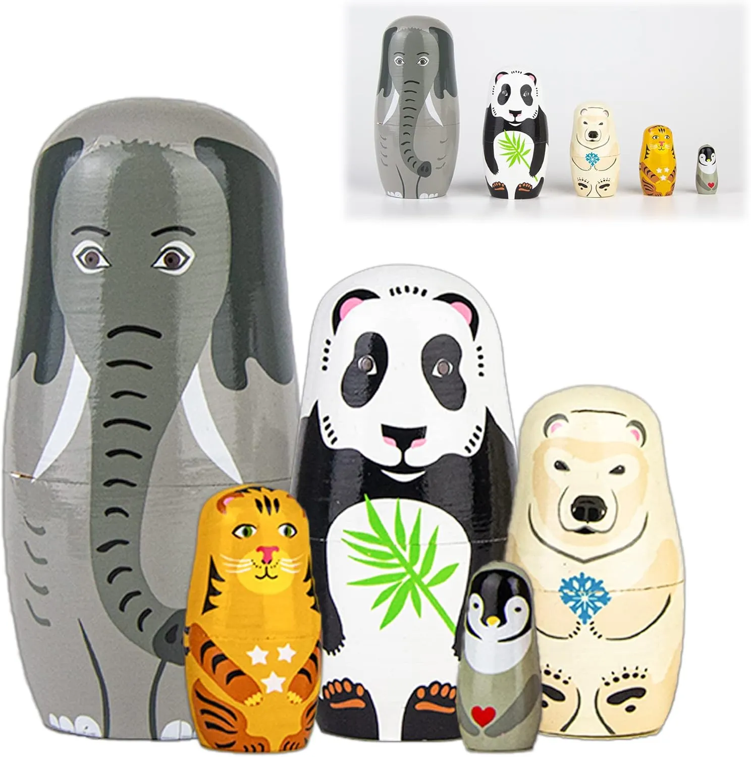 Superb Handmade Wooden Animal Nesting Dolls - Cute Elephant & Panda Matryoshka Dolls for Gifts