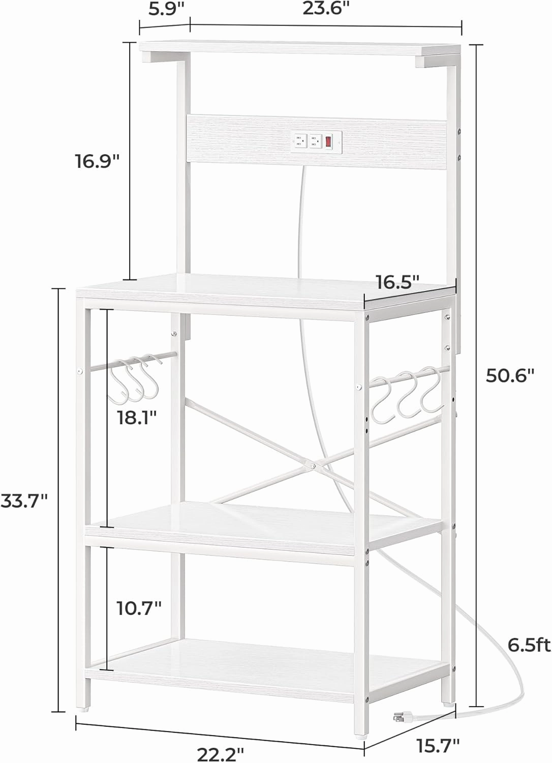 SUPERJARE Kitchen Bakers Rack with Power Outlet, Coffee Bar Table 4 Tiers, Kitchen Microwave Stand with 6 S-Shaped Hooks, Storage Shelf Rack for Spices, Pots and Pans - White