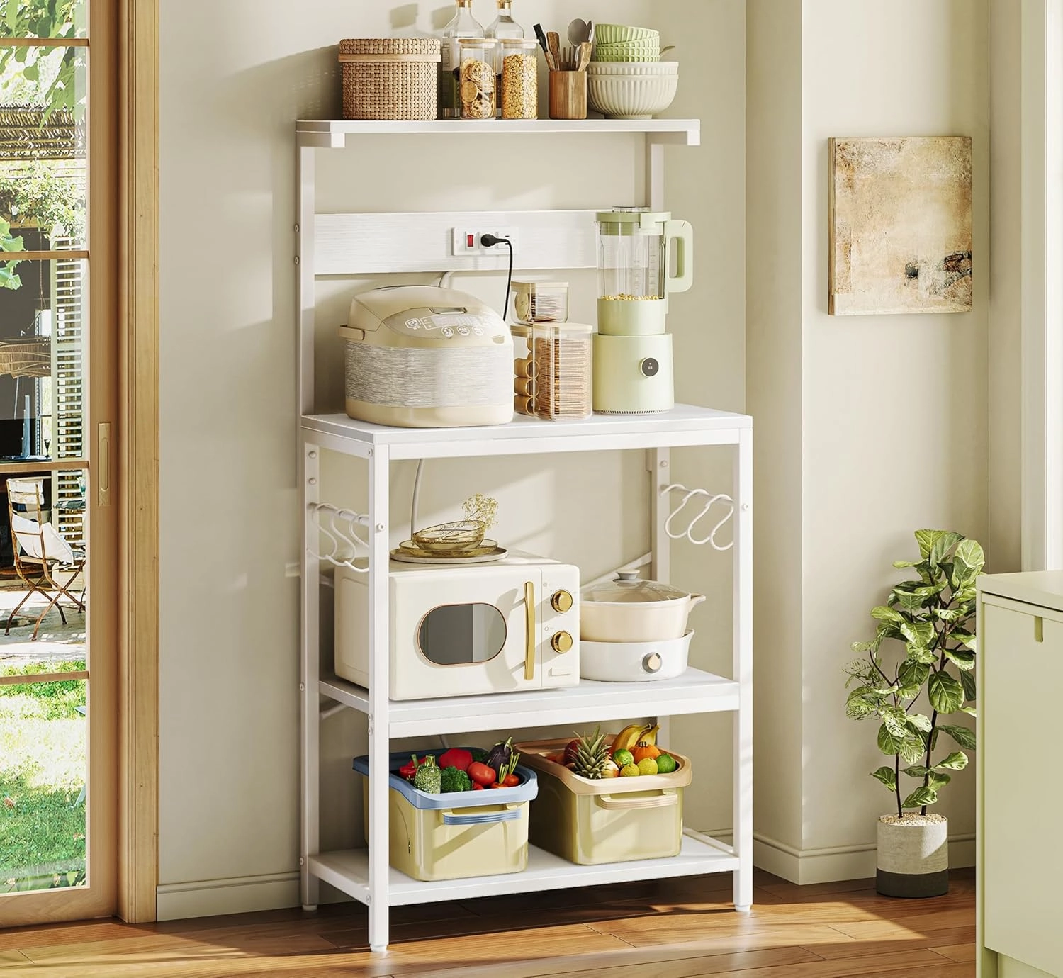 SUPERJARE Kitchen Bakers Rack with Power Outlet, Coffee Bar Table 4 Tiers, Kitchen Microwave Stand with 6 S-Shaped Hooks, Storage Shelf Rack for Spices, Pots and Pans - White