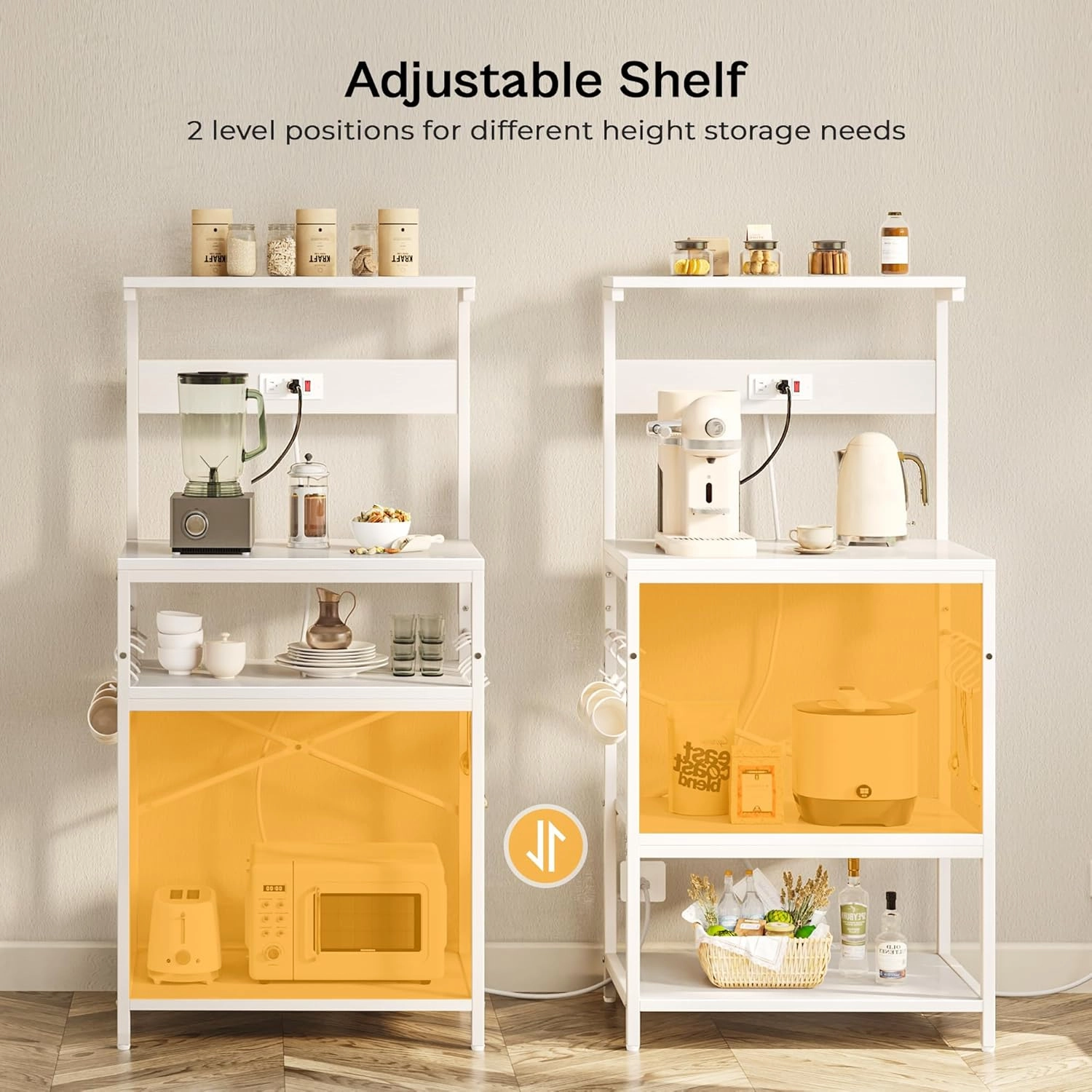 SUPERJARE Kitchen Bakers Rack with Power Outlet, Coffee Bar Table 4 Tiers, Kitchen Microwave Stand with 6 S-Shaped Hooks, Storage Shelf Rack for Spices, Pots and Pans - White