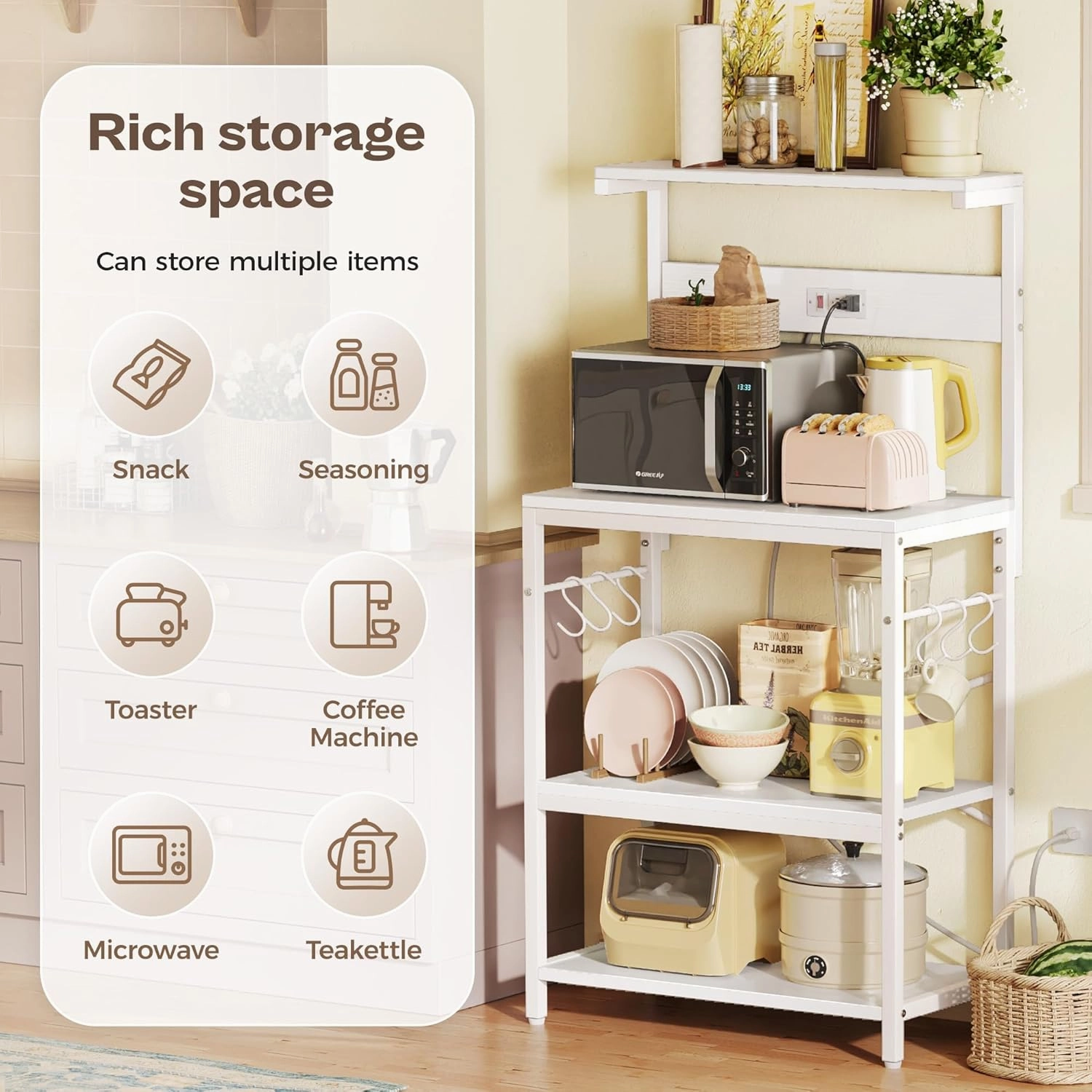 SUPERJARE Kitchen Bakers Rack with Power Outlet, Coffee Bar Table 4 Tiers, Kitchen Microwave Stand with 6 S-Shaped Hooks, Storage Shelf Rack for Spices, Pots and Pans - White