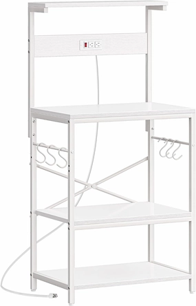 SUPERJARE Kitchen Bakers Rack with Power Outlet, Coffee Bar Table 4 Tiers, Kitchen Microwave Stand with 6 S-Shaped Hooks, Storage Shelf Rack for Spices, Pots and Pans - White
