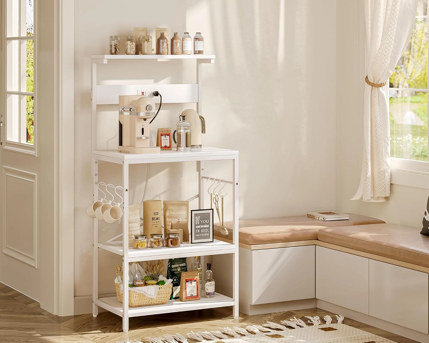 SUPERJARE Kitchen Bakers Rack with Power Outlet, Coffee Bar Table 4 Tiers, Kitchen Microwave Stand with 6 S-Shaped Hooks, Storage Shelf Rack for Spices, Pots and Pans - White