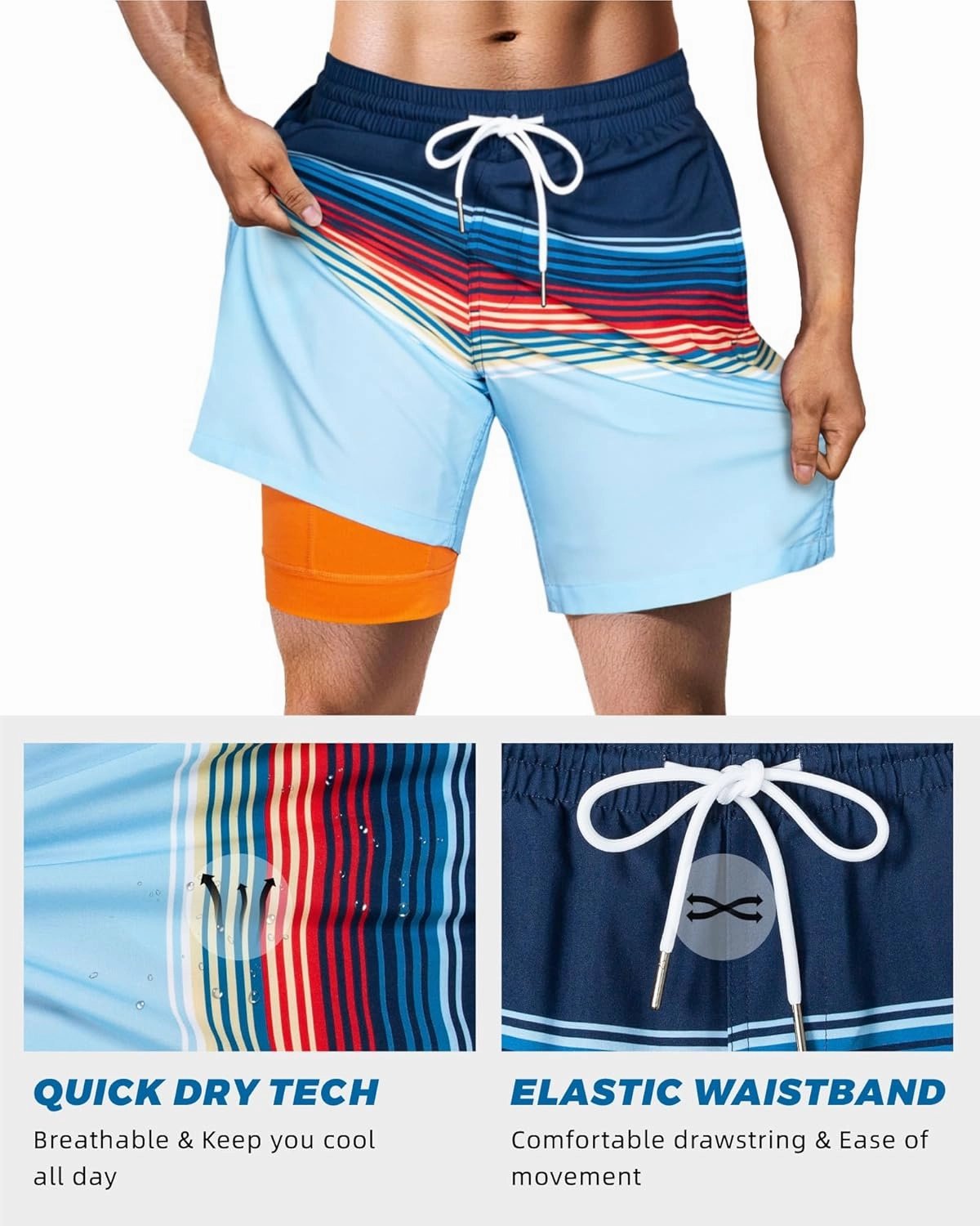 SURF CUZ Mens Swim Trunks with Compression Liner Swim Shorts 7" Swimming Trunks Stretch 7 Inch Swim Suits Quick Dry