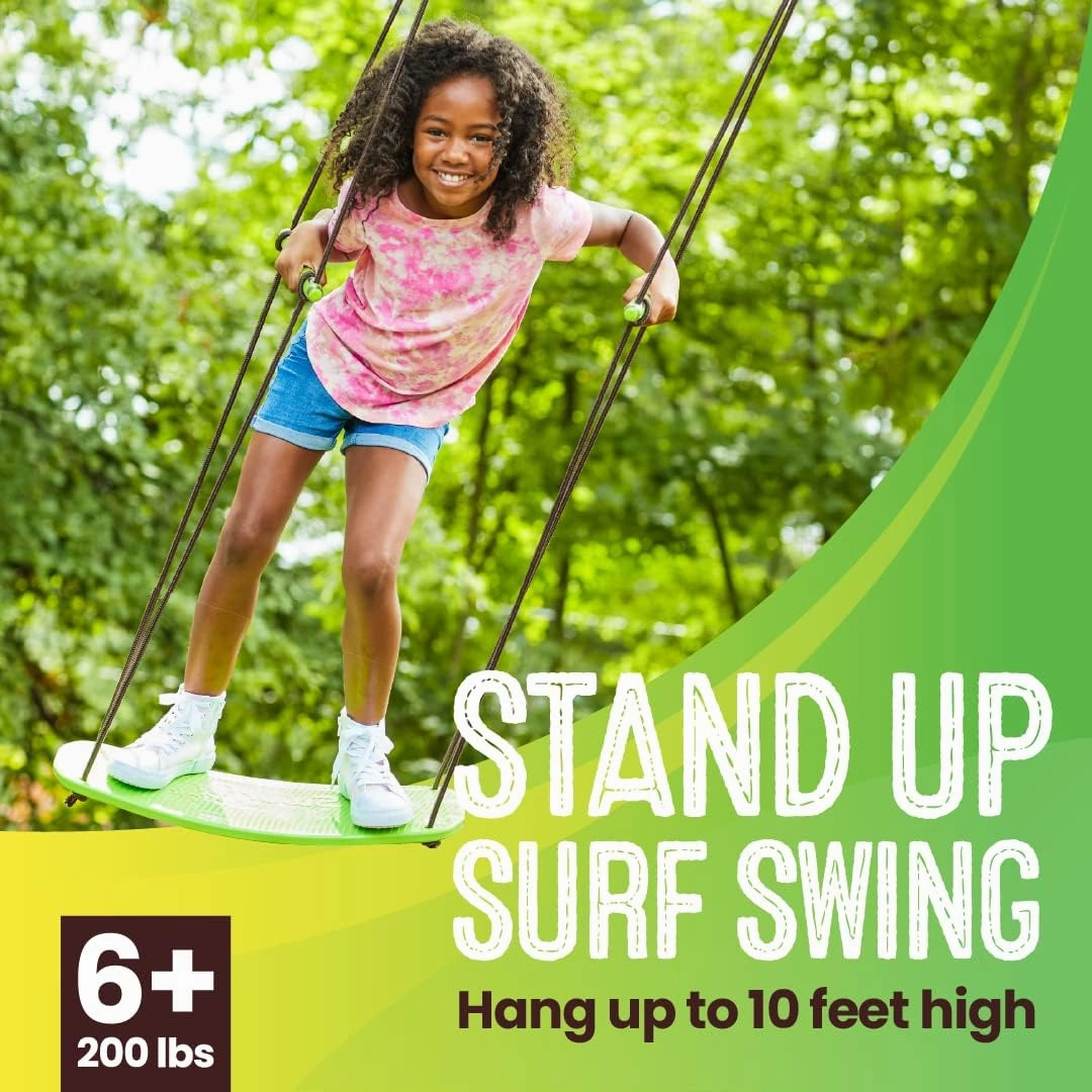 Swurfer Kick Stand Up Surfing Tree Swing Outdoor Swings for Kids Up to 200 Lbs - Hang from Up to 10 Feet High - Includes 24" SwingBoard, UV Resistant Rope, & Handles