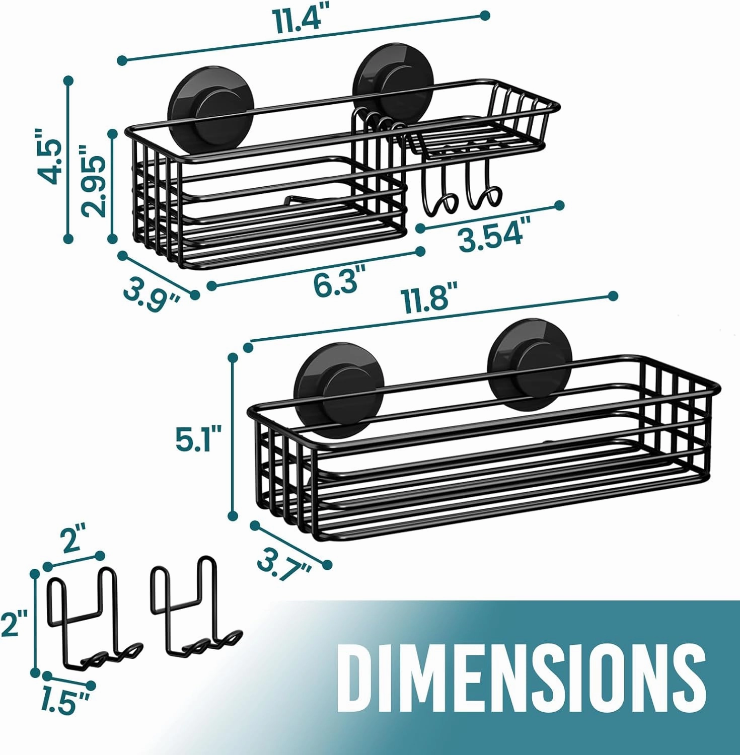 TAILI Shower Caddy Suction Cup 2 Pack with Hooks & Soap holder, Heavy Duty Shower Organizer for Bathroom, No Drilling Bathroom Organizer with Large Capacity, Black Metal Storage Basket