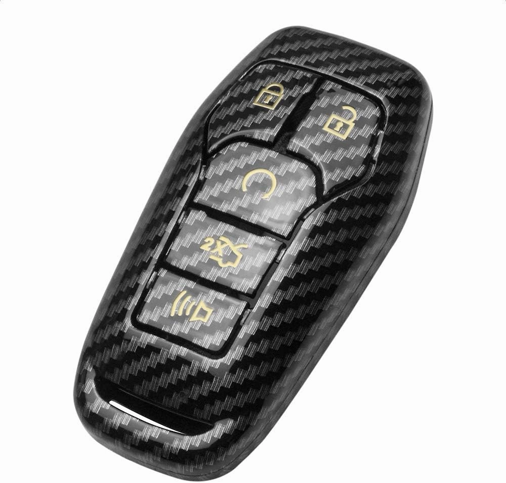 TANGSEN Smart Key Fob Case Cover Compatible with Ford Edge Explorer F-150 F-250 Fusion Mondeo Taurus for Mustang for Lincoln MKC MKX MKZ 5 Button Keyless Entry Remote Gold Label Twill Carbon Fiber