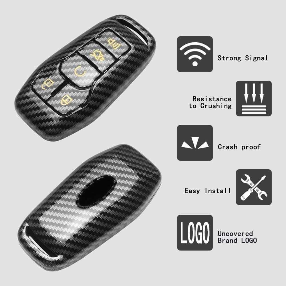 TANGSEN Smart Key Fob Case Cover Compatible with Ford Edge Explorer F-150 F-250 Fusion Mondeo Taurus for Mustang for Lincoln MKC MKX MKZ 5 Button Keyless Entry Remote Gold Label Twill Carbon Fiber