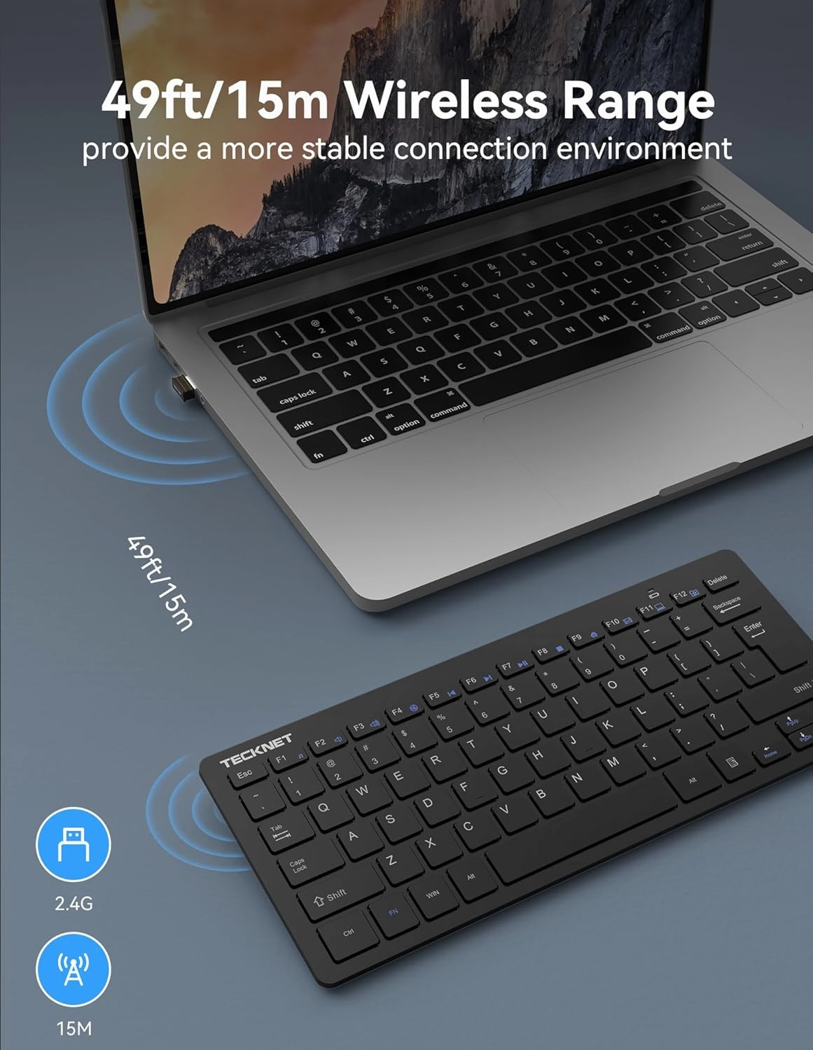TECKNET 2.4G Wireless Keyboard, Small Wireless Keyboard with Media Hotkeys, Ultra Slim Compact Wireless Keyboard, 12-Month Battery Life, Compatible with PC, Desktop, Laptop, Smart TV - Black