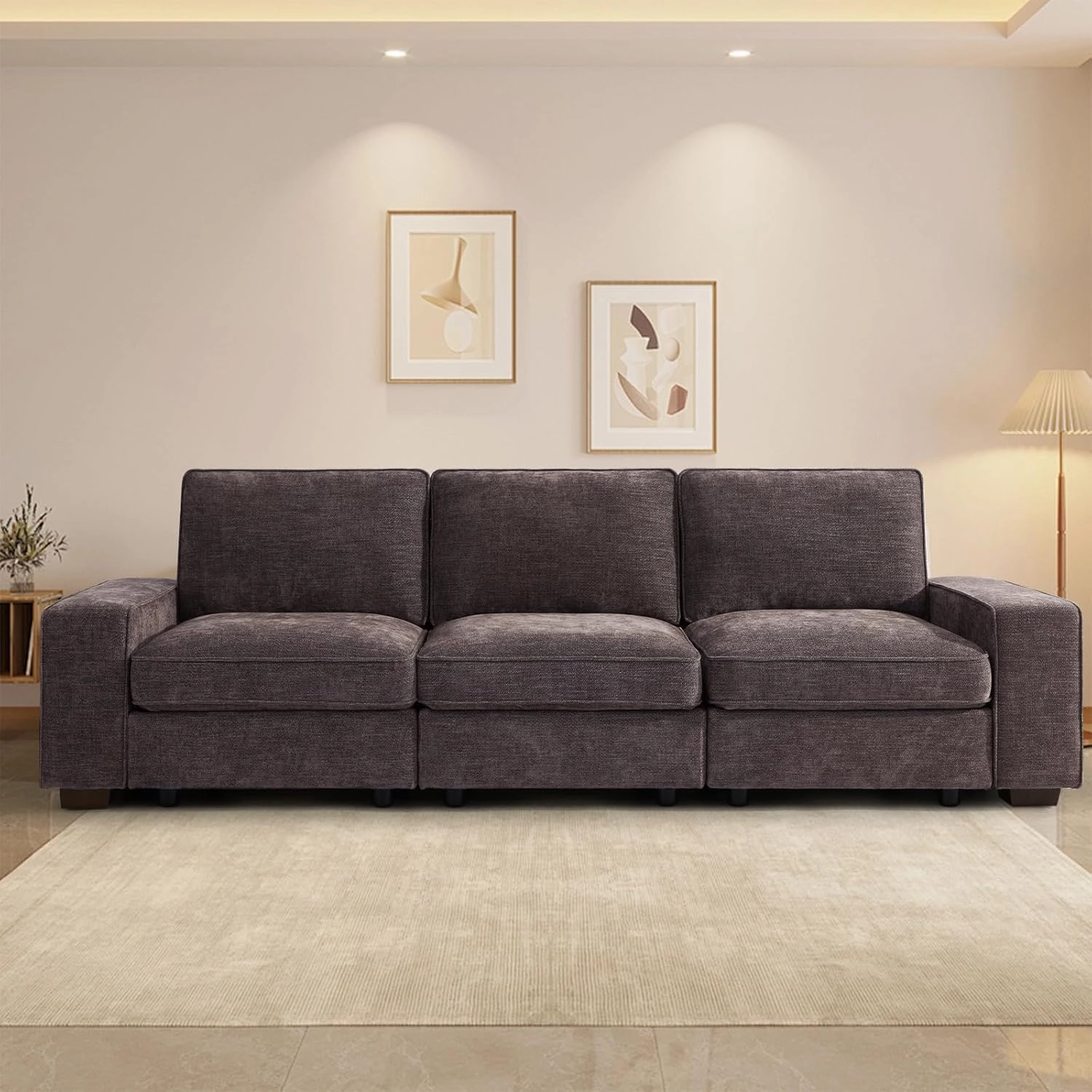 TEKAMON 100" Modular Sofa with Seats Storage, Comfy 3-Seater Chenille Fabric Couch for Living Room, Office, Apart W/Deep Seat, USB Charging, Side Pockets, Couch with Removable Cover (Dark Grey)