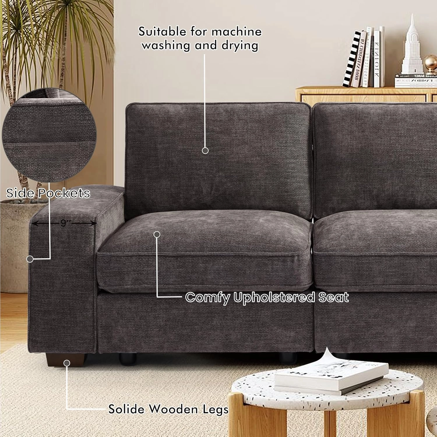 TEKAMON 100" Modular Sofa with Seats Storage, Comfy 3-Seater Chenille Fabric Couch for Living Room, Office, Apart W/Deep Seat, USB Charging, Side Pockets, Couch with Removable Cover (Dark Grey)