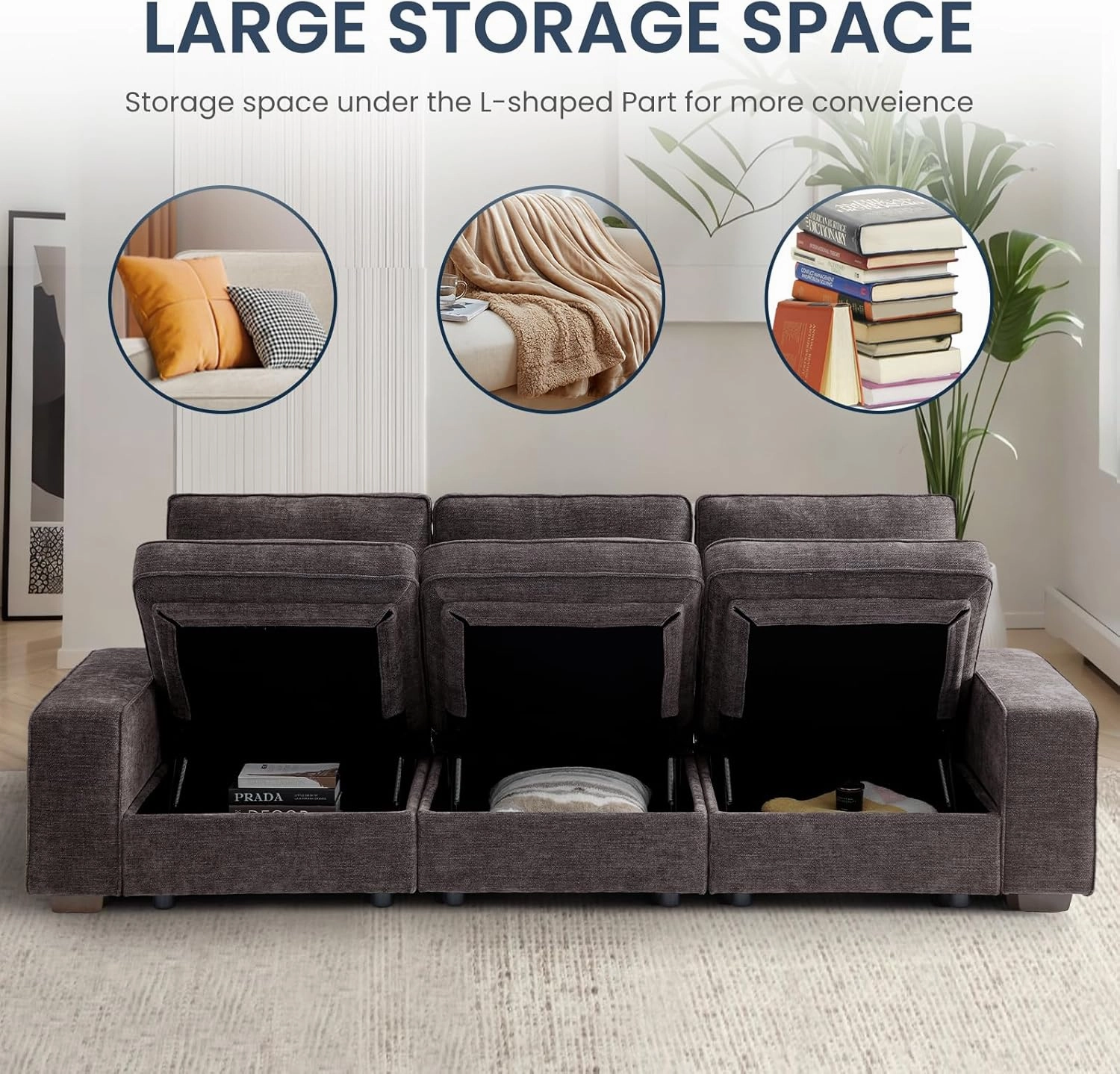 TEKAMON 100" Modular Sofa with Seats Storage, Comfy 3-Seater Chenille Fabric Couch for Living Room, Office, Apart W/Deep Seat, USB Charging, Side Pockets, Couch with Removable Cover (Dark Grey)