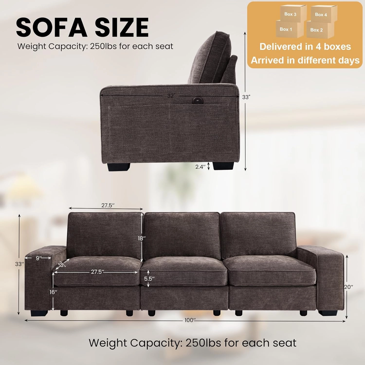TEKAMON 100" Modular Sofa with Seats Storage, Comfy 3-Seater Chenille Fabric Couch for Living Room, Office, Apart W/Deep Seat, USB Charging, Side Pockets, Couch with Removable Cover (Dark Grey)