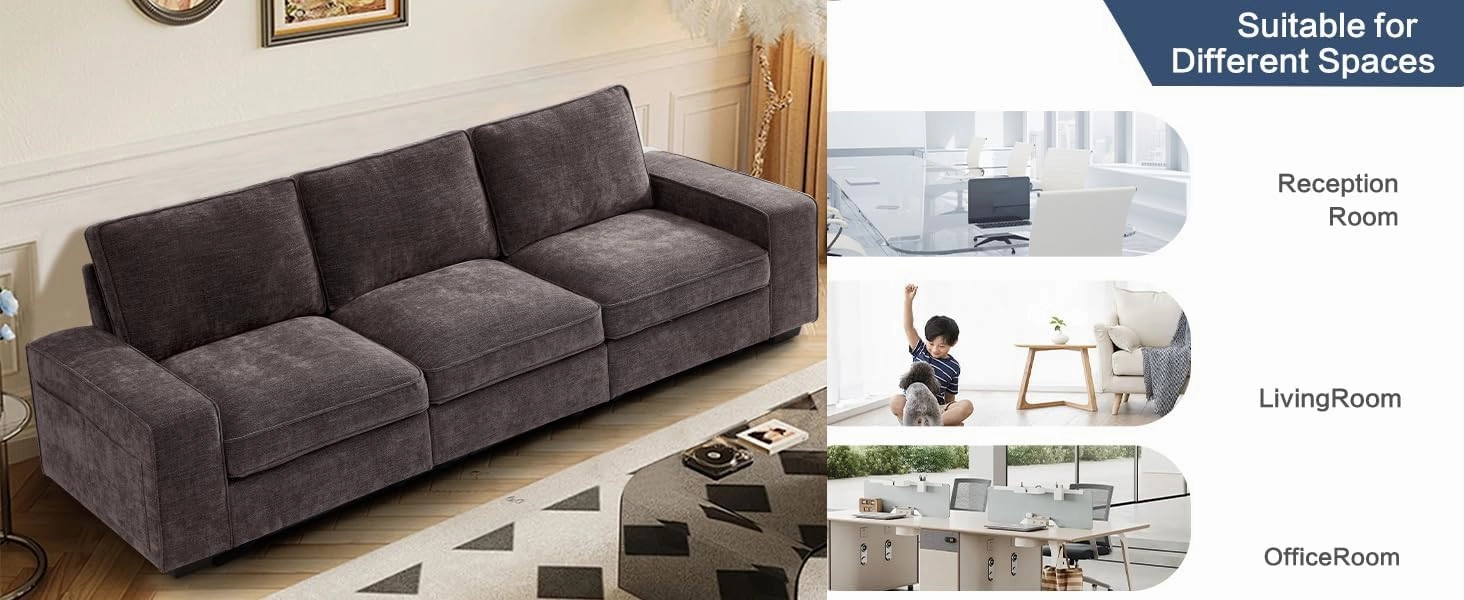 TEKAMON 100" Modular Sofa with Seats Storage, Comfy 3-Seater Chenille Fabric Couch for Living Room, Office, Apart W/Deep Seat, USB Charging, Side Pockets, Couch with Removable Cover (Dark Grey)