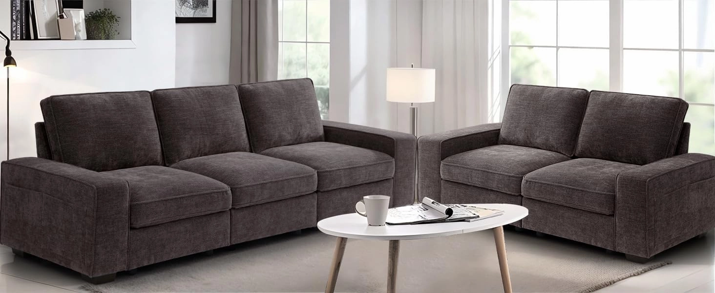 TEKAMON 100" Modular Sofa with Seats Storage, Comfy 3-Seater Chenille Fabric Couch for Living Room, Office, Apart W/Deep Seat, USB Charging, Side Pockets, Couch with Removable Cover (Dark Grey)