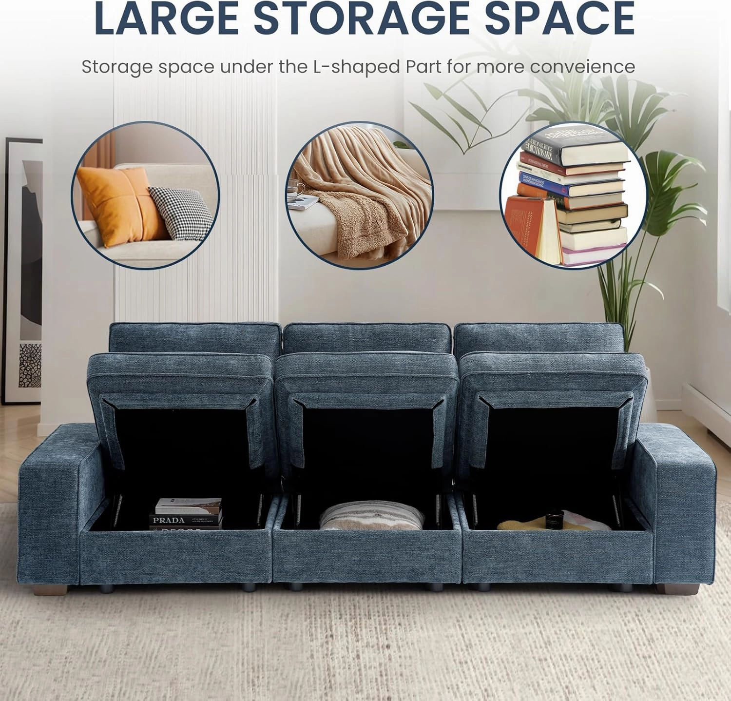 TEKAMON 100" Modular Sofa with Seats Storage, Comfy 3-Seater Chenille Fabric Couch for Living Room, Office, Apart W/Deep Seat, USB Charging, Upholstered Couch with Removable Cover (Blue)