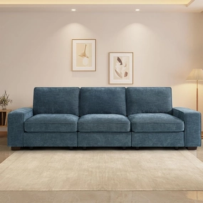 TEKAMON 100" Modular Sofa with Seats Storage, Comfy 3-Seater Chenille Fabric Couch for Living Room, Office, Apart W/Deep Seat, USB Charging, Upholstered Couch with Removable Cover (Blue)