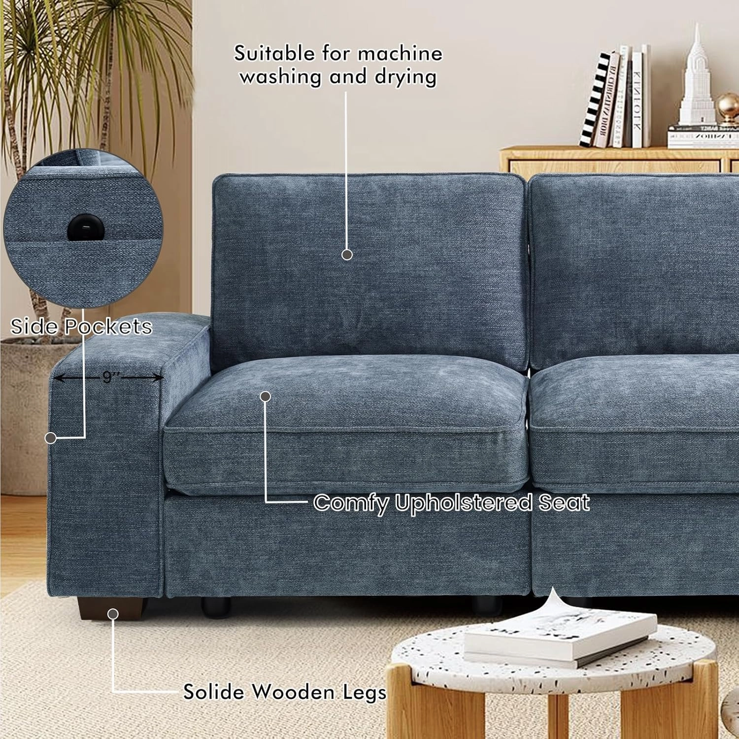 TEKAMON 100" Modular Sofa with Seats Storage, Comfy 3-Seater Chenille Fabric Couch for Living Room, Office, Apart W/Deep Seat, USB Charging, Upholstered Couch with Removable Cover (Blue)