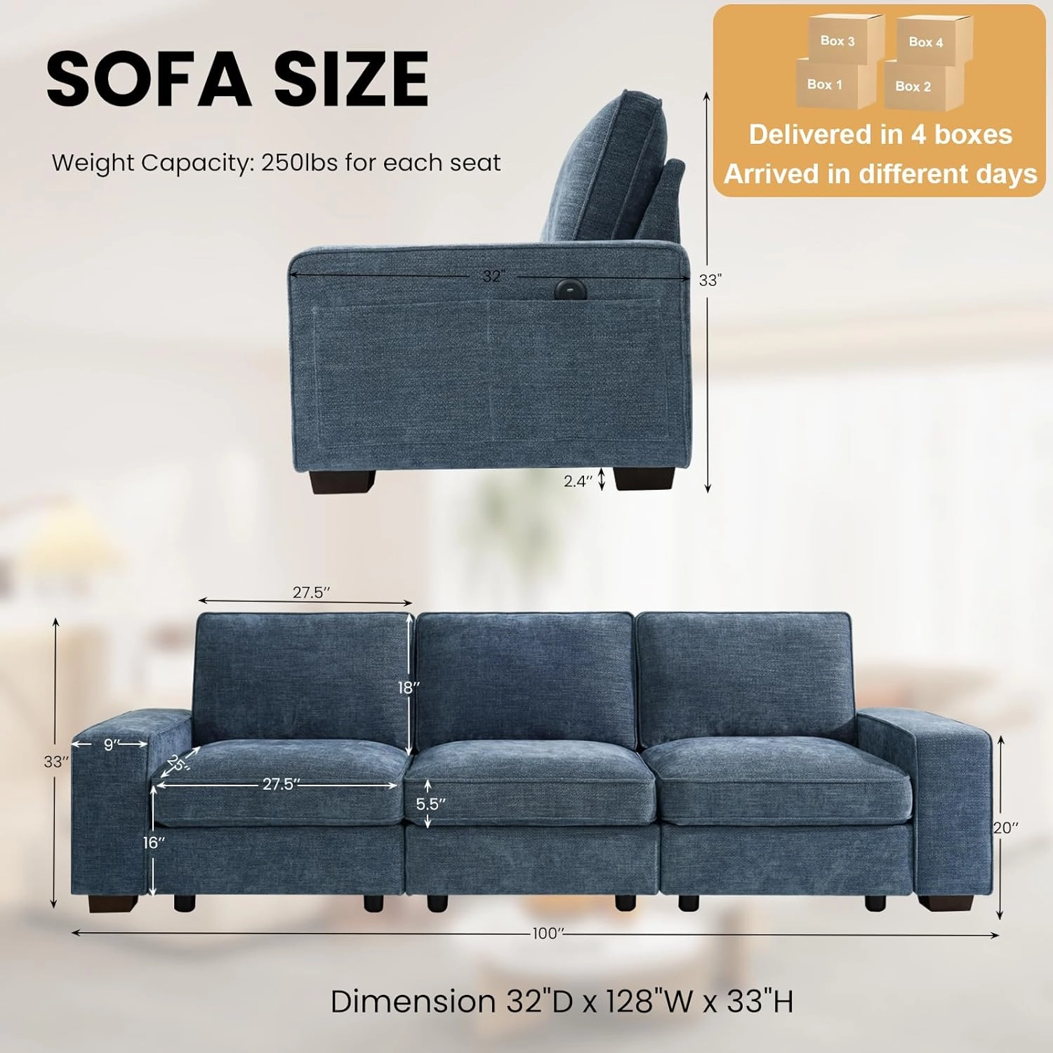 TEKAMON 100" Modular Sofa with Seats Storage, Comfy 3-Seater Chenille Fabric Couch for Living Room, Office, Apart W/Deep Seat, USB Charging, Upholstered Couch with Removable Cover (Blue)