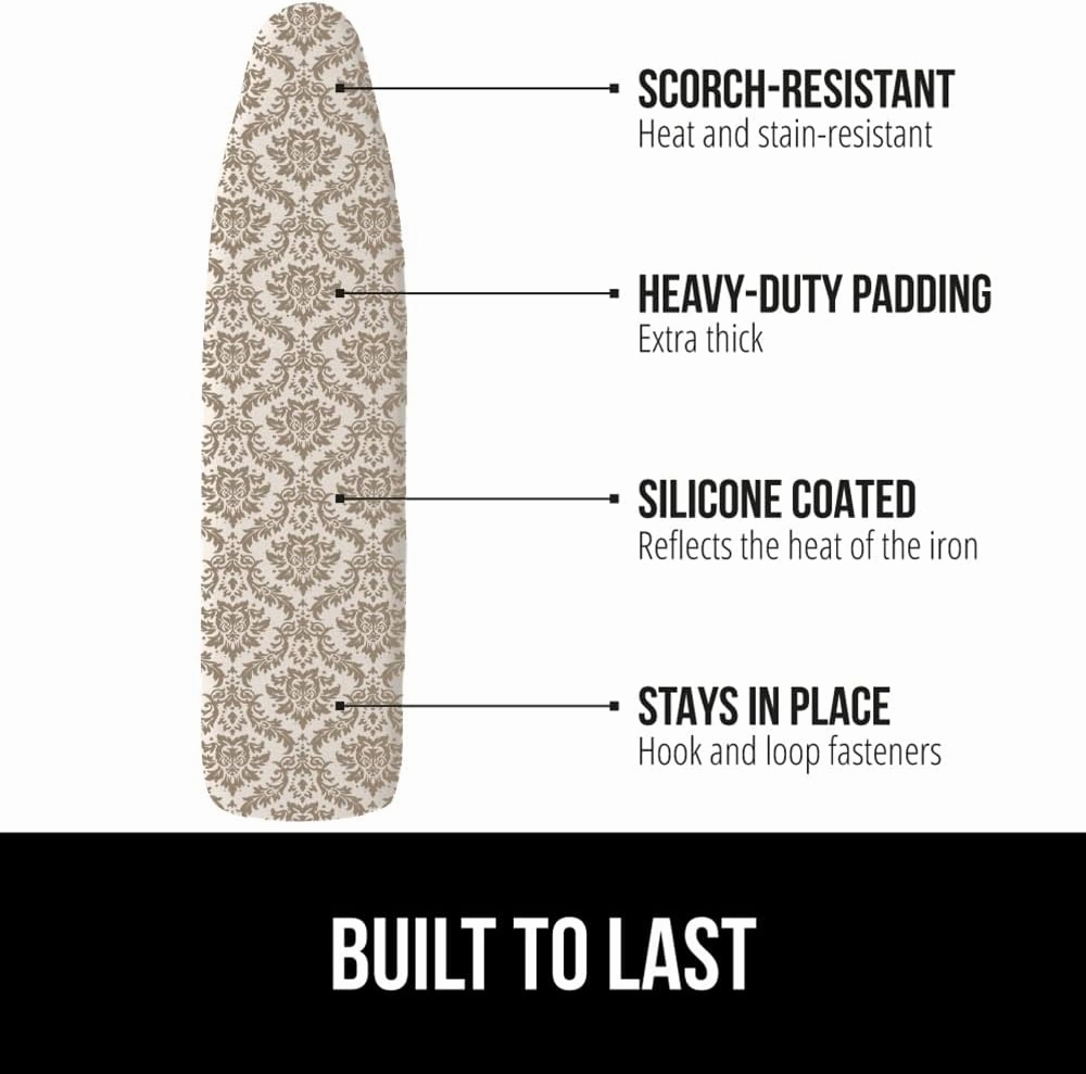 The Original GORILLA GRIP Ironing Board Cover and Pad, Silicone Coating, Thick Scorch Resistant Padding, Heavy Duty Iron Covers Standard Boards, Hook and Loop Fastener Strap, Damask, 15x54