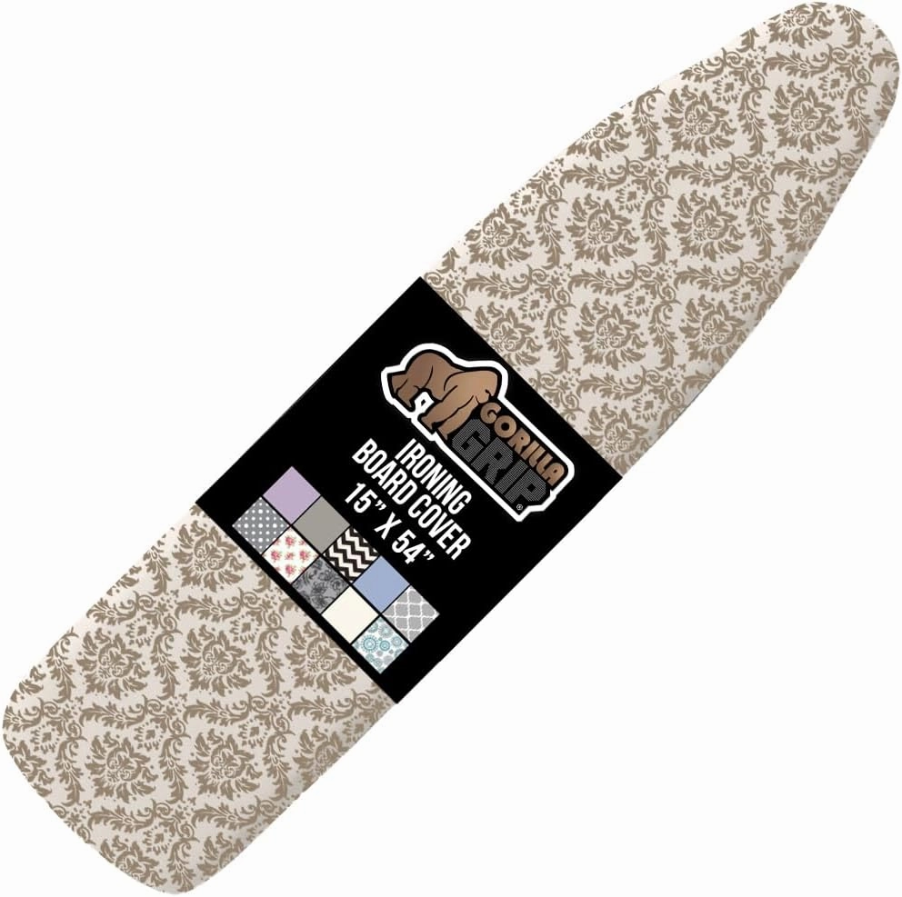 The Original GORILLA GRIP Ironing Board Cover and Pad, Silicone Coating, Thick Scorch Resistant Padding, Heavy Duty Iron Covers Standard Boards, Hook and Loop Fastener Strap, Damask, 15x54