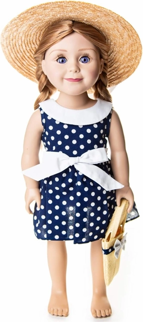 The Queen's Treasures American 18 Inch Doll Clothes, Navy and White 1950 Style Polka Dot Girl Doll Dress with Hat and Handbag