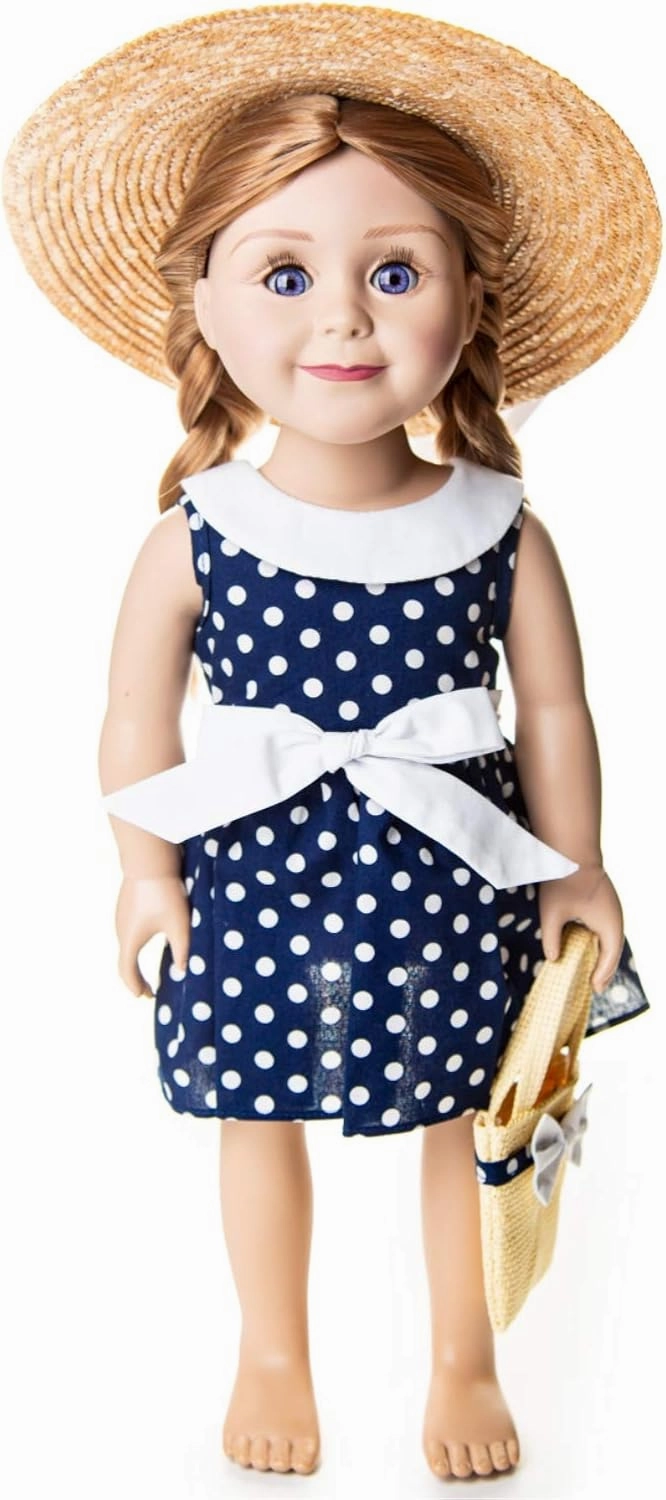 The Queen's Treasures American 18 Inch Doll Clothes, Navy and White 1950 Style Polka Dot Girl Doll Dress with Hat and Handbag