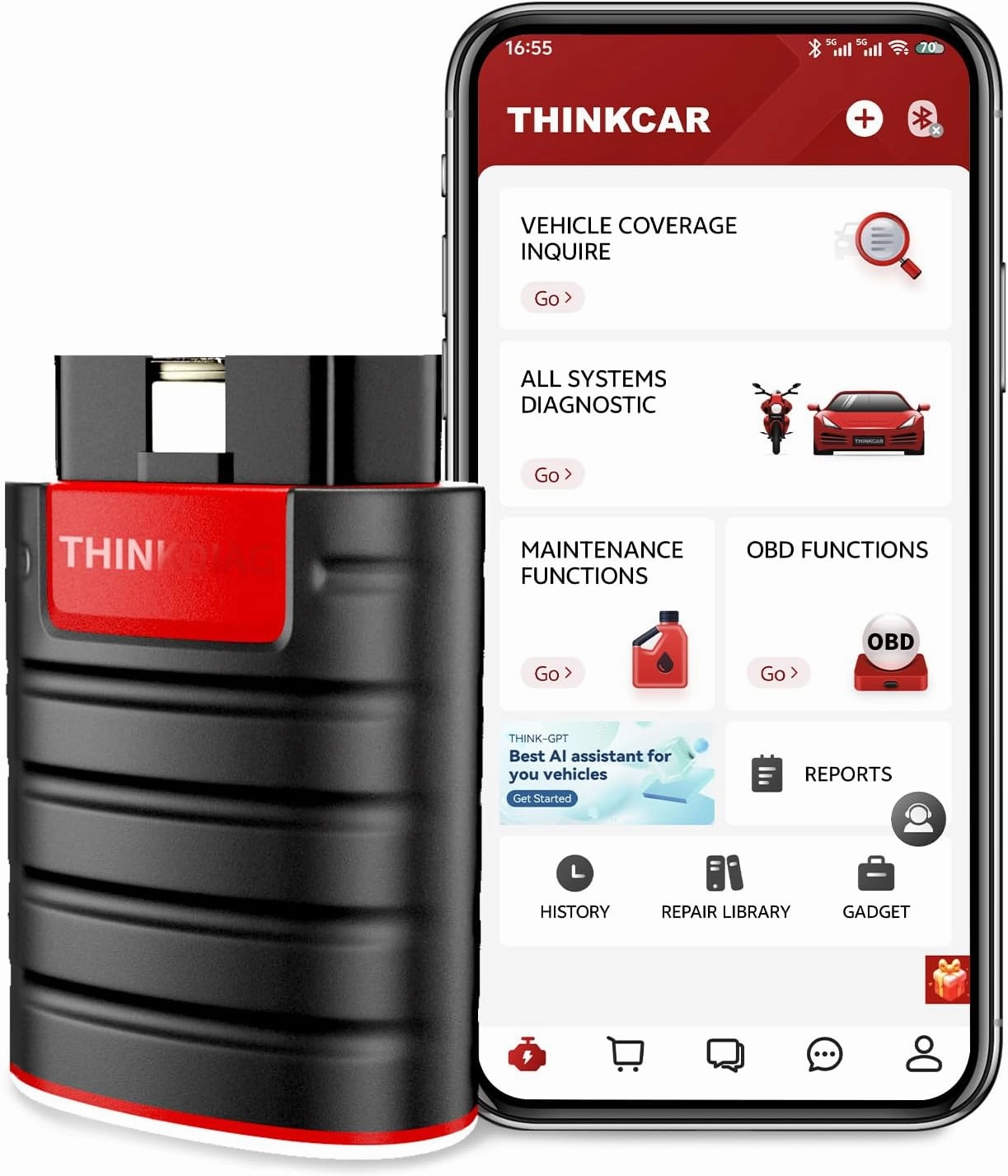 Thinkdiag OBD2 Scanner Bluetooth, Full System Bidirectional Diagnostic Scan Tool OE-Level Code Reader with ECU Coding,15  Reset Service, FCA AutoAuth, All Software 1 Year Update Fits for iOS & Android