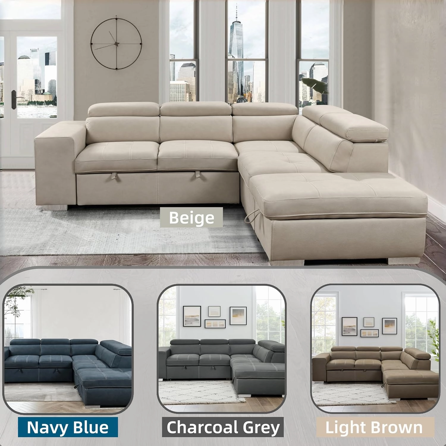 THSUPER 104'' Microfiber L Shaped Sectional Sleeper Sofa Couch with Pull Out Bed and Storage Ottoman, Convertible Couches with Adjustable Headrest for Living Room, Right Facing Chaise. Beige