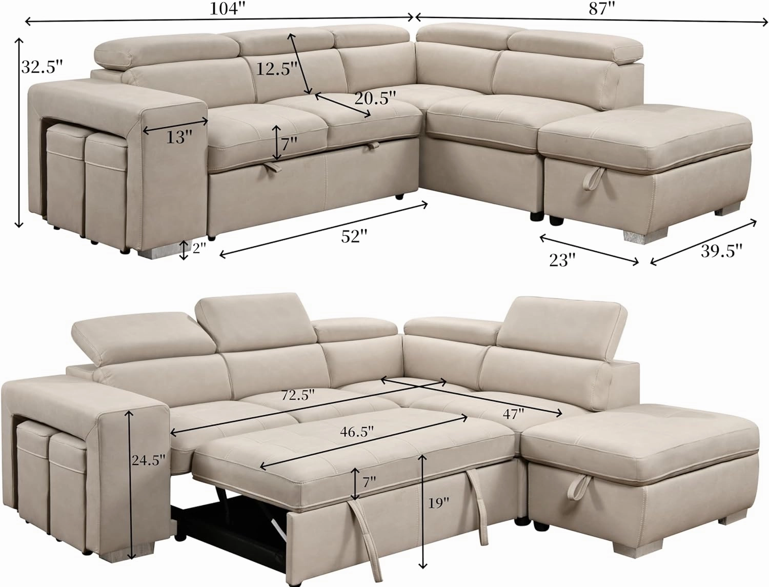 THSUPER 104'' Microfiber L Shaped Sectional Sleeper Sofa Couch with Pull Out Bed and Storage Ottoman, Convertible Couches with Adjustable Headrest for Living Room, Right Facing Chaise. Beige