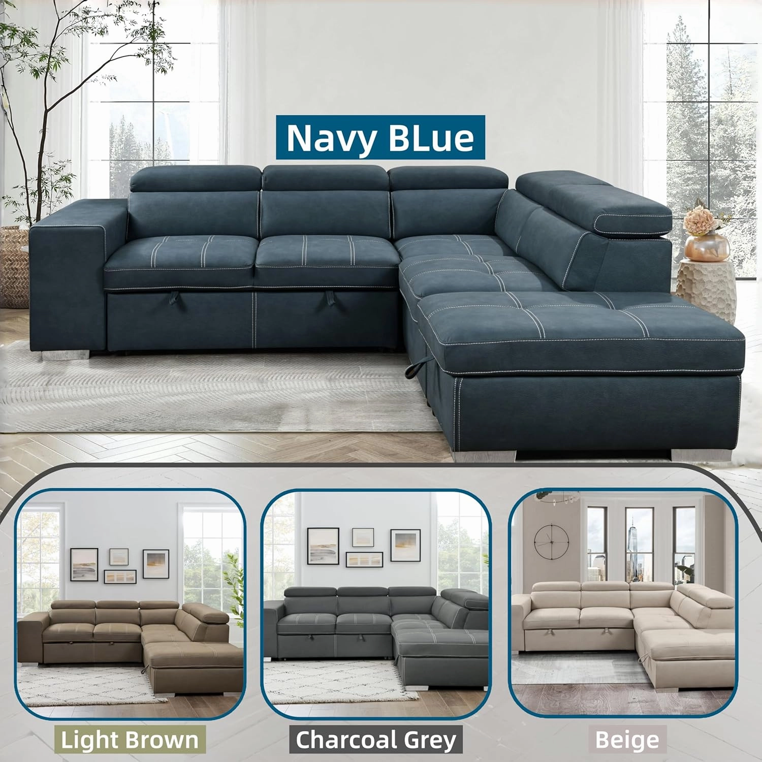 THSUPER 104'' Microfiber L Shaped Sectional Sleeper Sofa Couch with Pull Out Bed and Storage Ottoman, Convertible Couches with Adjustable Headrest for Living Room, Right Facing Chaise. Navy Blue